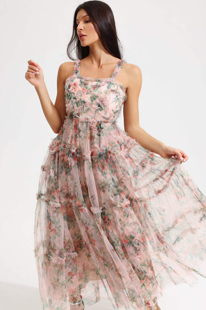 Floral Cami Tapered Waist Frill Hem Midi Dress
