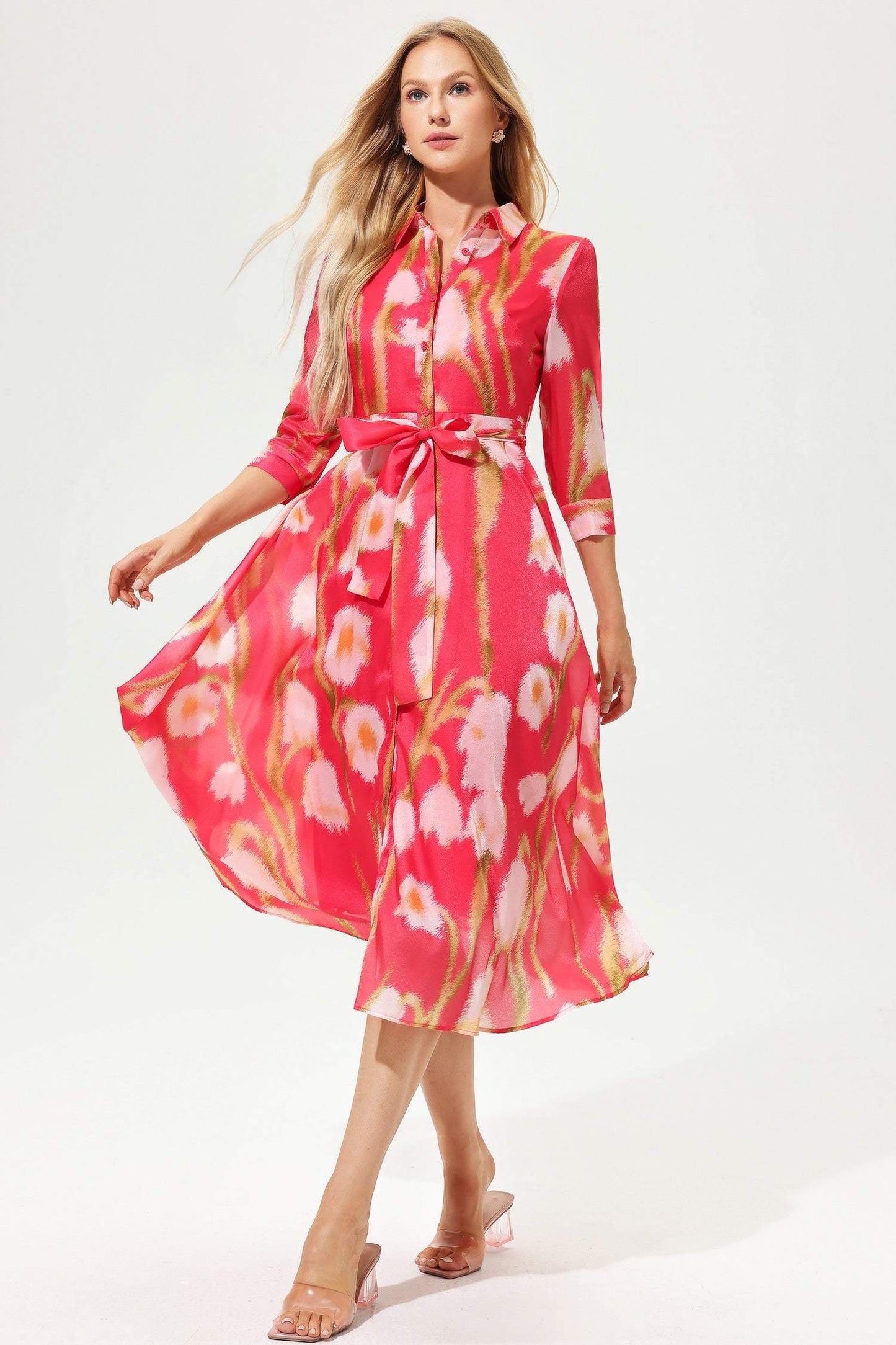 Floral Mid Sleeve Lapel Lace Up Midi Dress