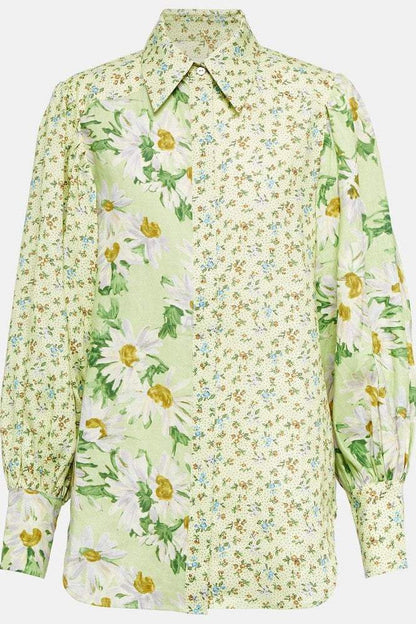 Floral Long Sleeve Shirt Collar Top & High Waist Pants Set