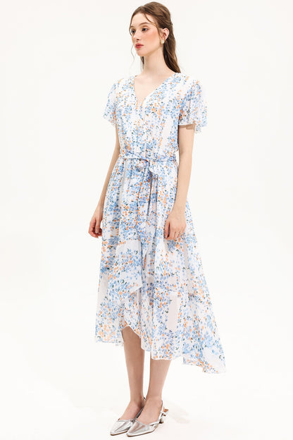 Floral V-Neck Short Sleeve Midi Dress Yellow