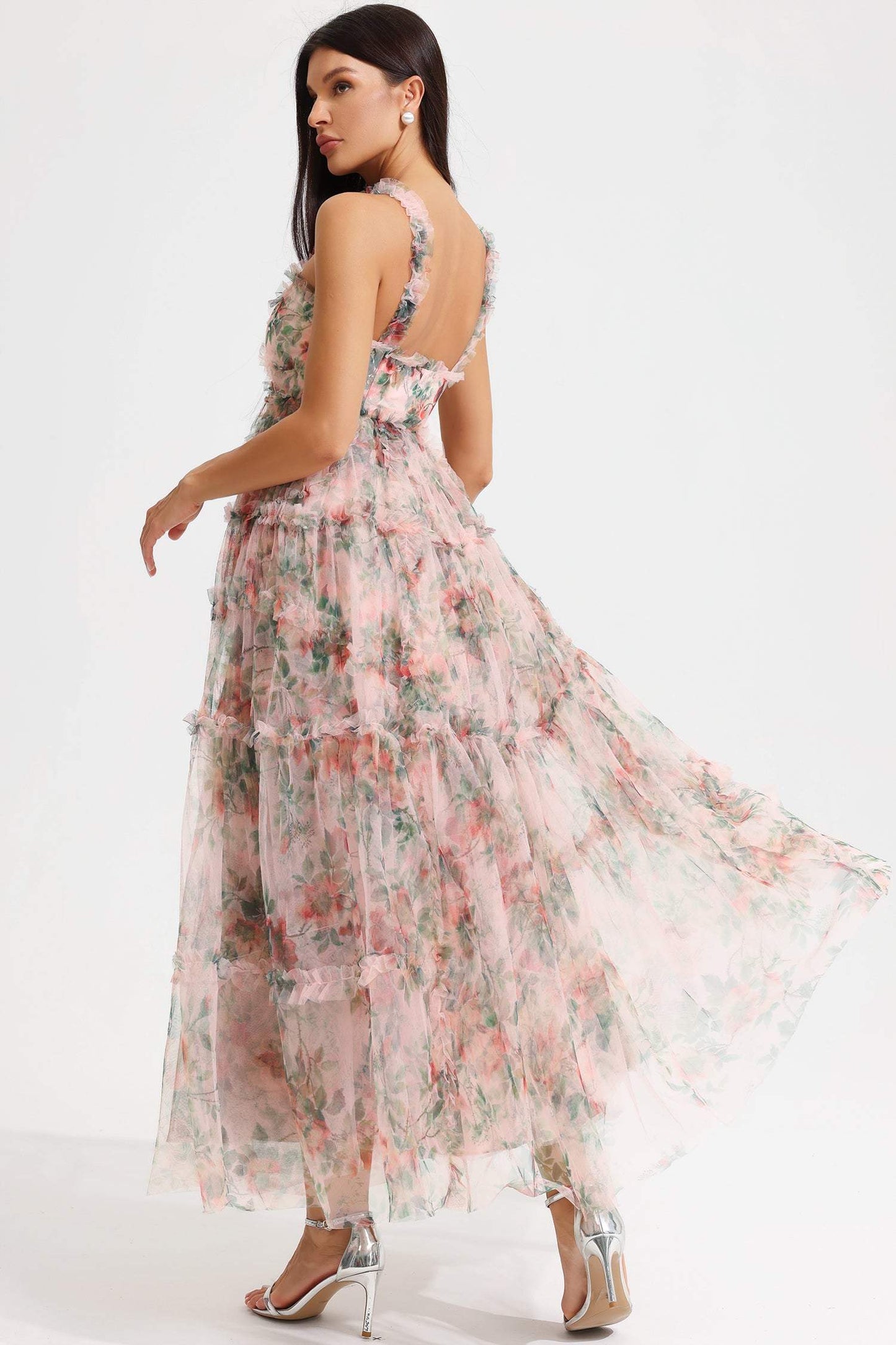 Floral Cami Tapered Waist Frill Hem Midi Dress