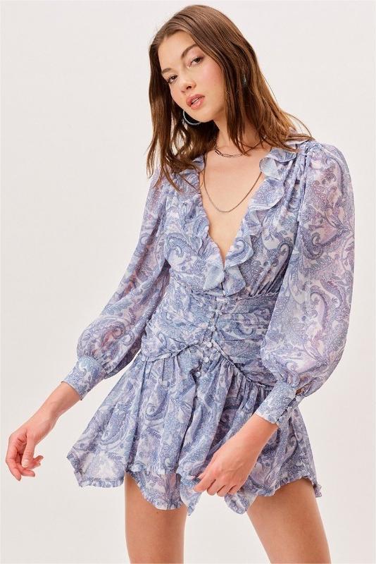 Floral V-Neck Long Sleeve Mini Dress
