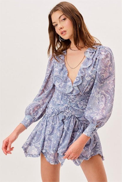 Floral V-Neck Long Sleeve Mini Dress
