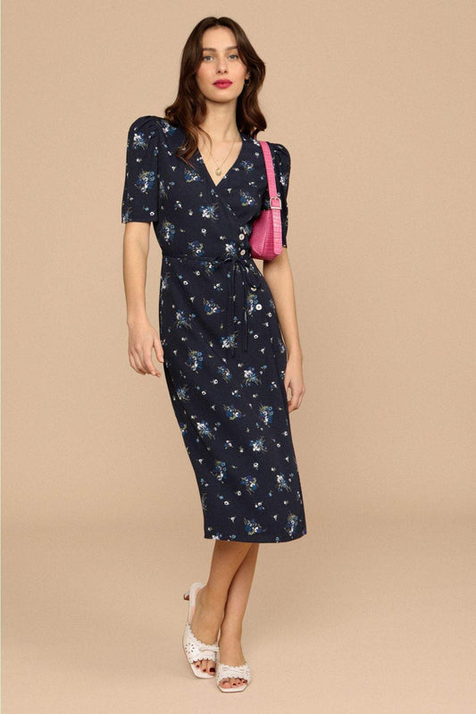 Floral Short Sleeve V-neck Midi Dress Green