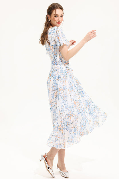 Floral V-Neck Short Sleeve Midi Dress Yellow