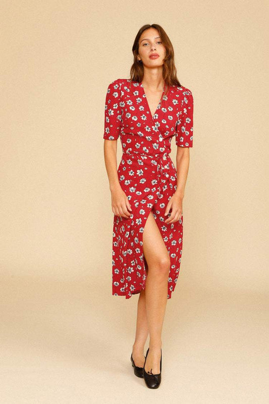 Floral V-Neck Mid Sleeve Midi Dress