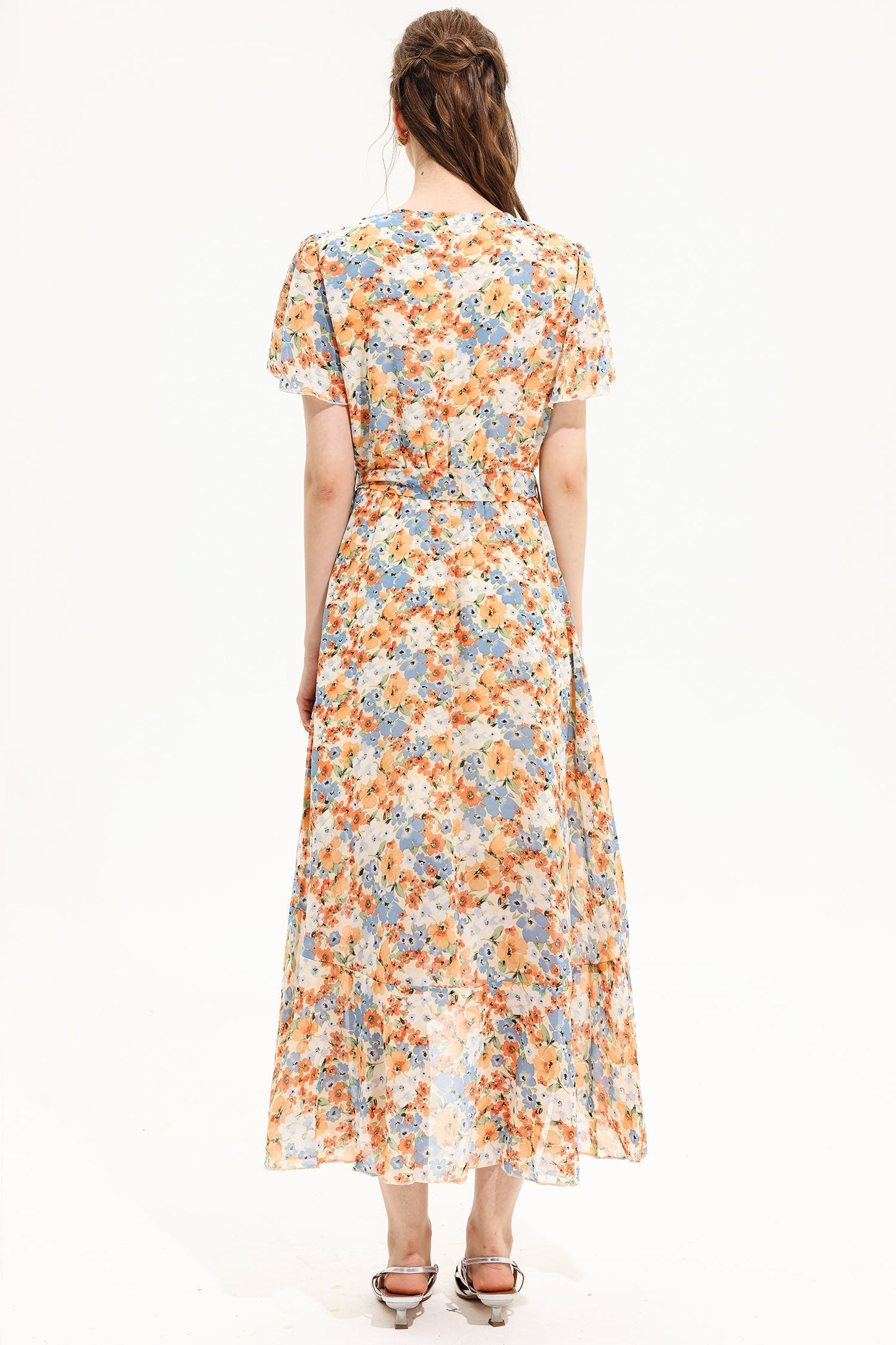 Floral V-Neck Short Sleeve Midi Dress Yellow