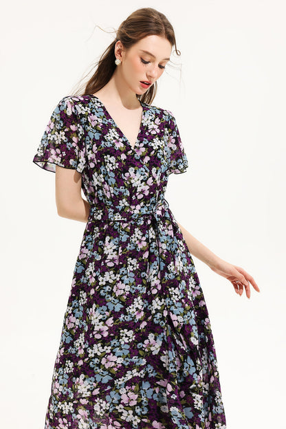 Floral V-Neck Short Sleeve Midi Dress Yellow