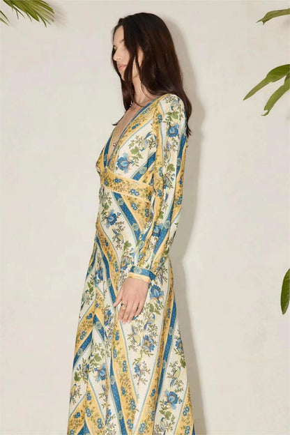 Floral V-Neck Long Sleeve Maxi Dress