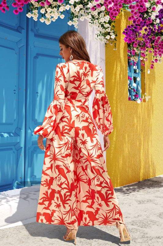 Animal Print Long Sleeve V-Neck Wide Leg Jumpsuit
