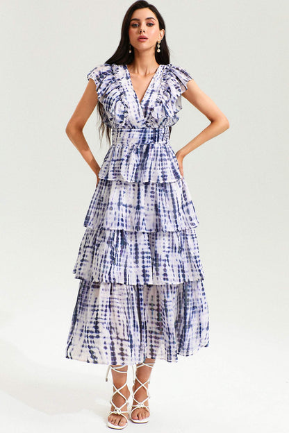 Abstract Print V-Neck Sleeveless Backless Midi Dress