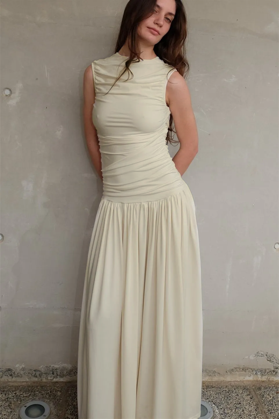 Quintina Round Neck Pleated Maxi Cotton Dress