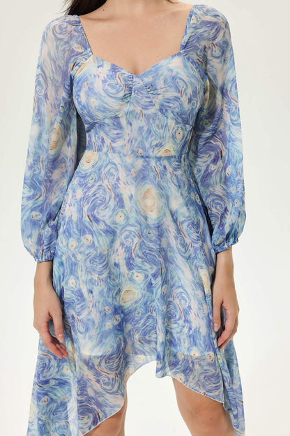 Abstract Print Sweetheart Neck Long Sleeve Midi Dress