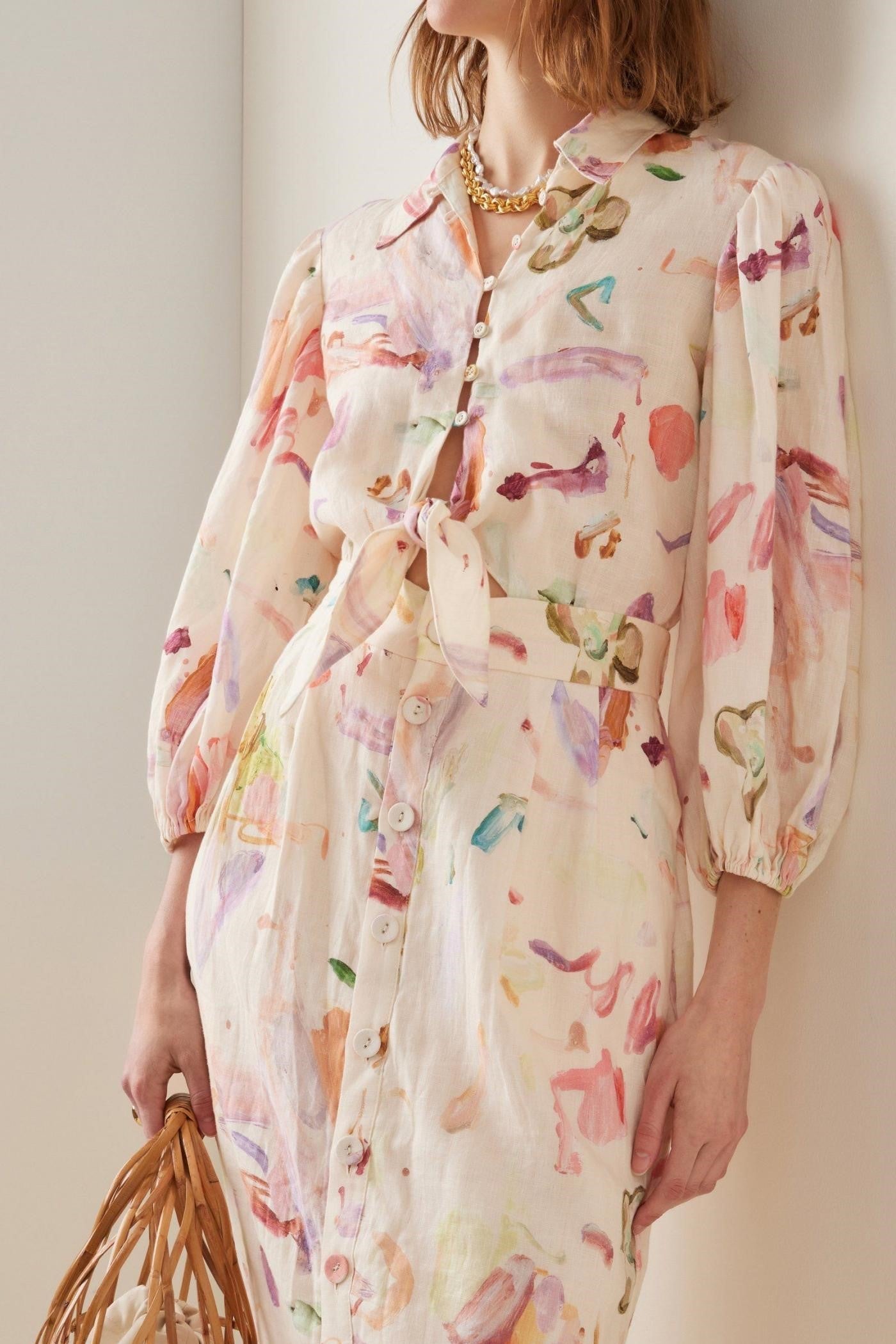 Abstract Print Shirt Collar Button Midi Dress