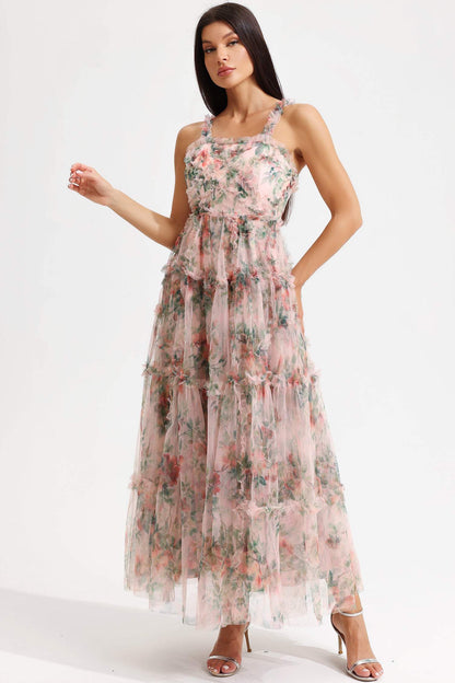 Floral Cami Tapered Waist Frill Hem Midi Dress