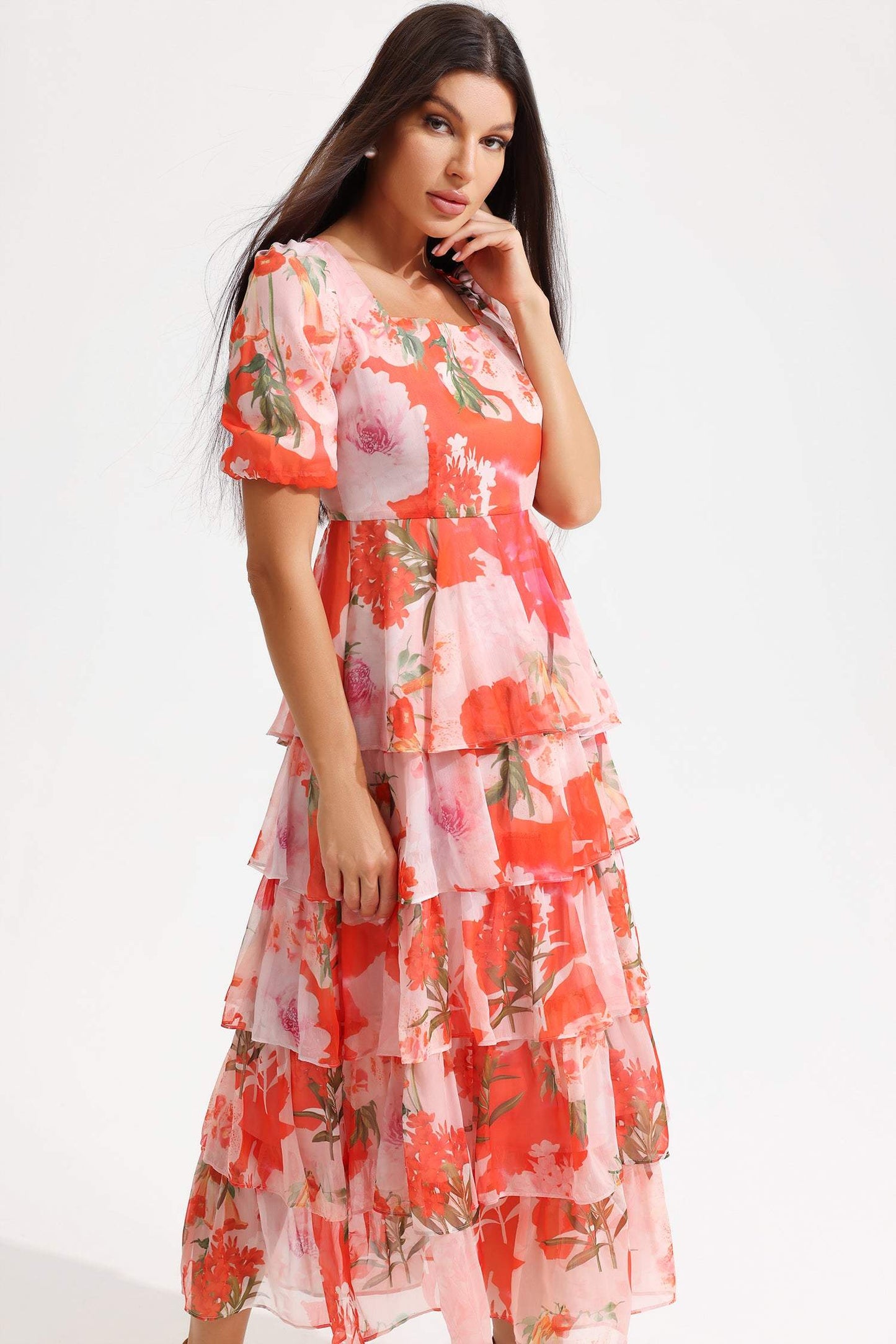 Floral Square Collar Lantern Sleeve Tapered Waist Midi Dress
