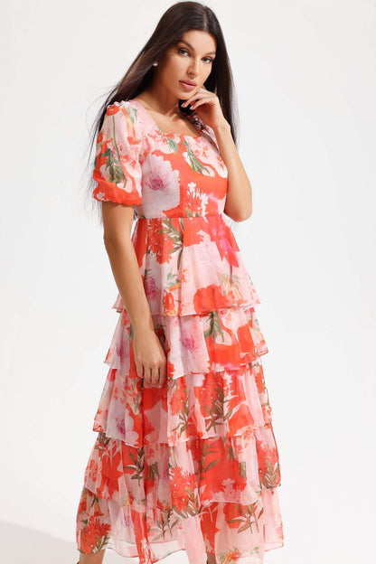 Floral Square Collar Lantern Sleeve Tapered Waist Midi Dress