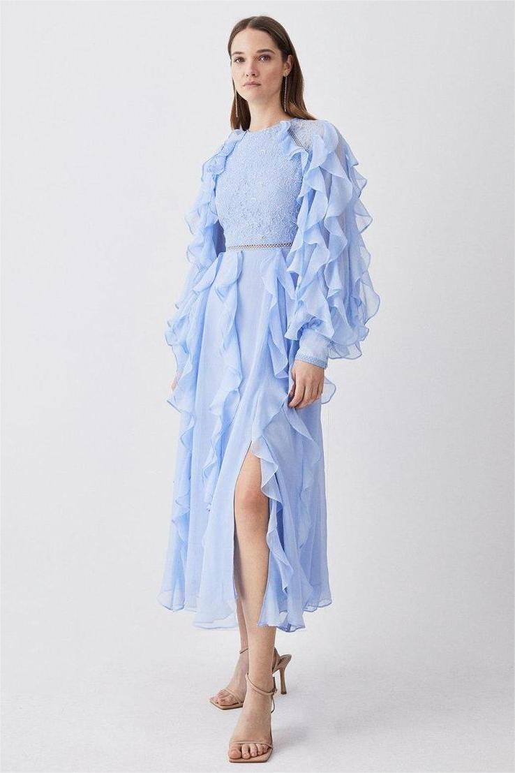 Lace Ruffle Lantern Sleeve Split Midi Dress