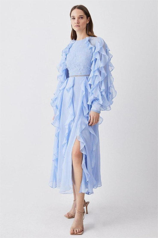 Lace Ruffle Lantern Sleeve Split Midi Dress