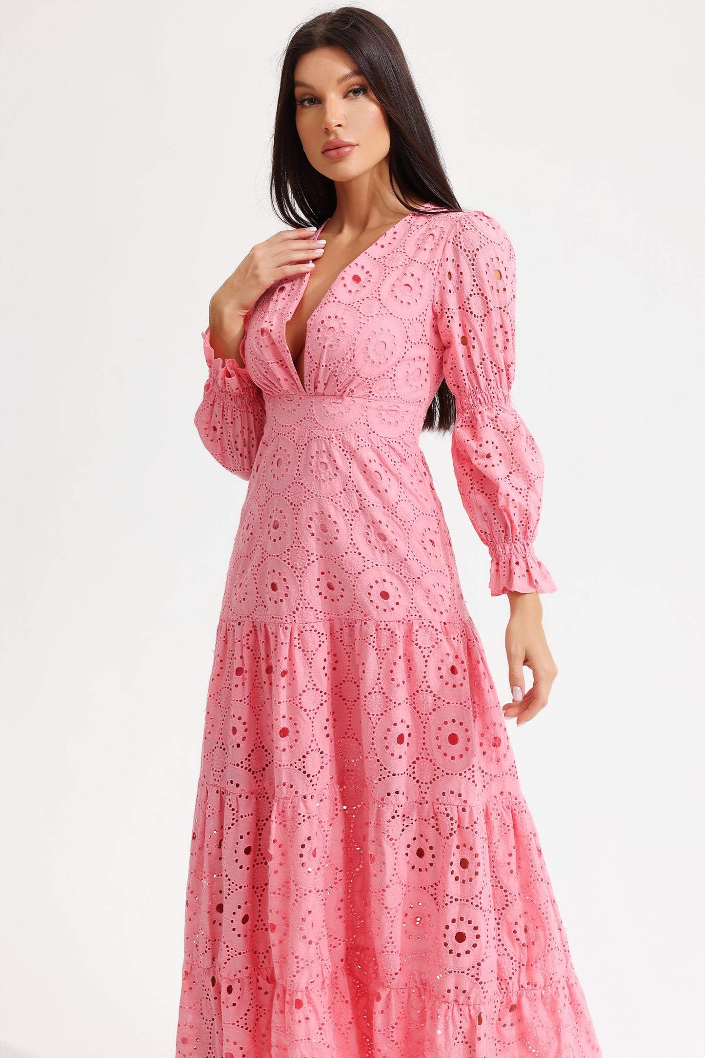 V-Neck Lantern Sleeve Tapered Waist Midi Dress Pink