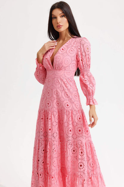 V-Neck Lantern Sleeve Tapered Waist Midi Dress Pink