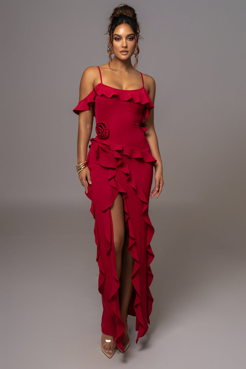 Solid Strapless 3D Floral Split Ruffle Maxi Dress – Classylooker