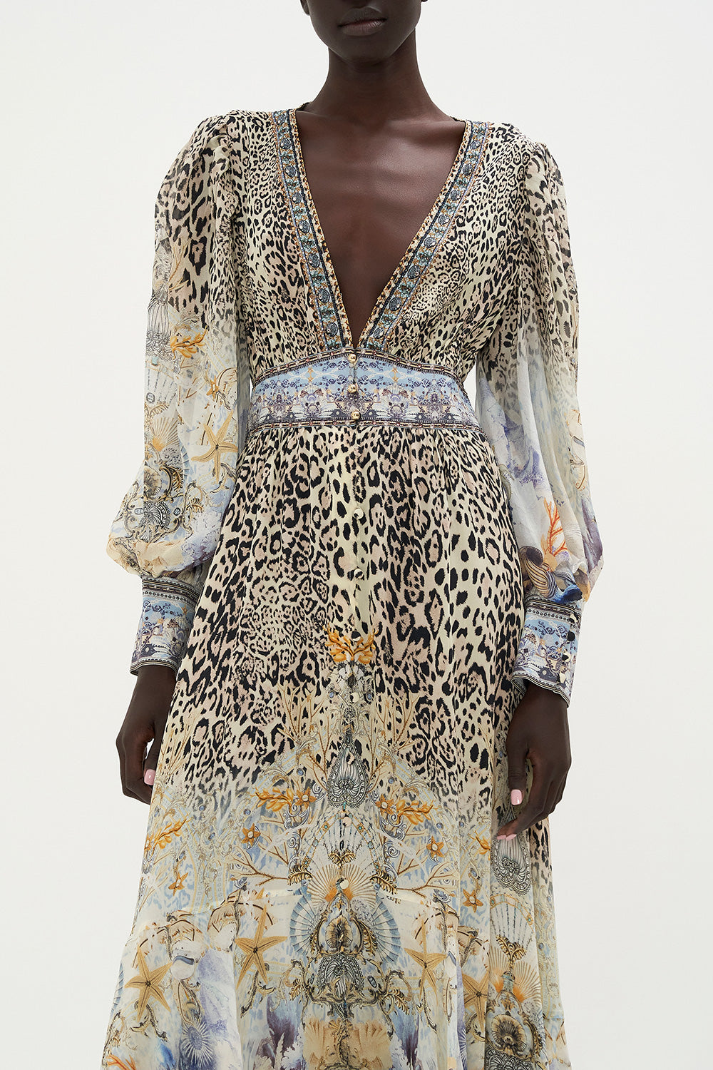 Chiffon Floral Leopard Print V-Neck Maxi Dress