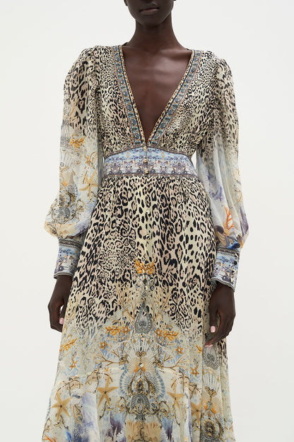 Chiffon Floral Leopard Print V-Neck Maxi Dress