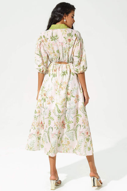 Floral Mid Sleeve Lapel Lace Up Midi Dress