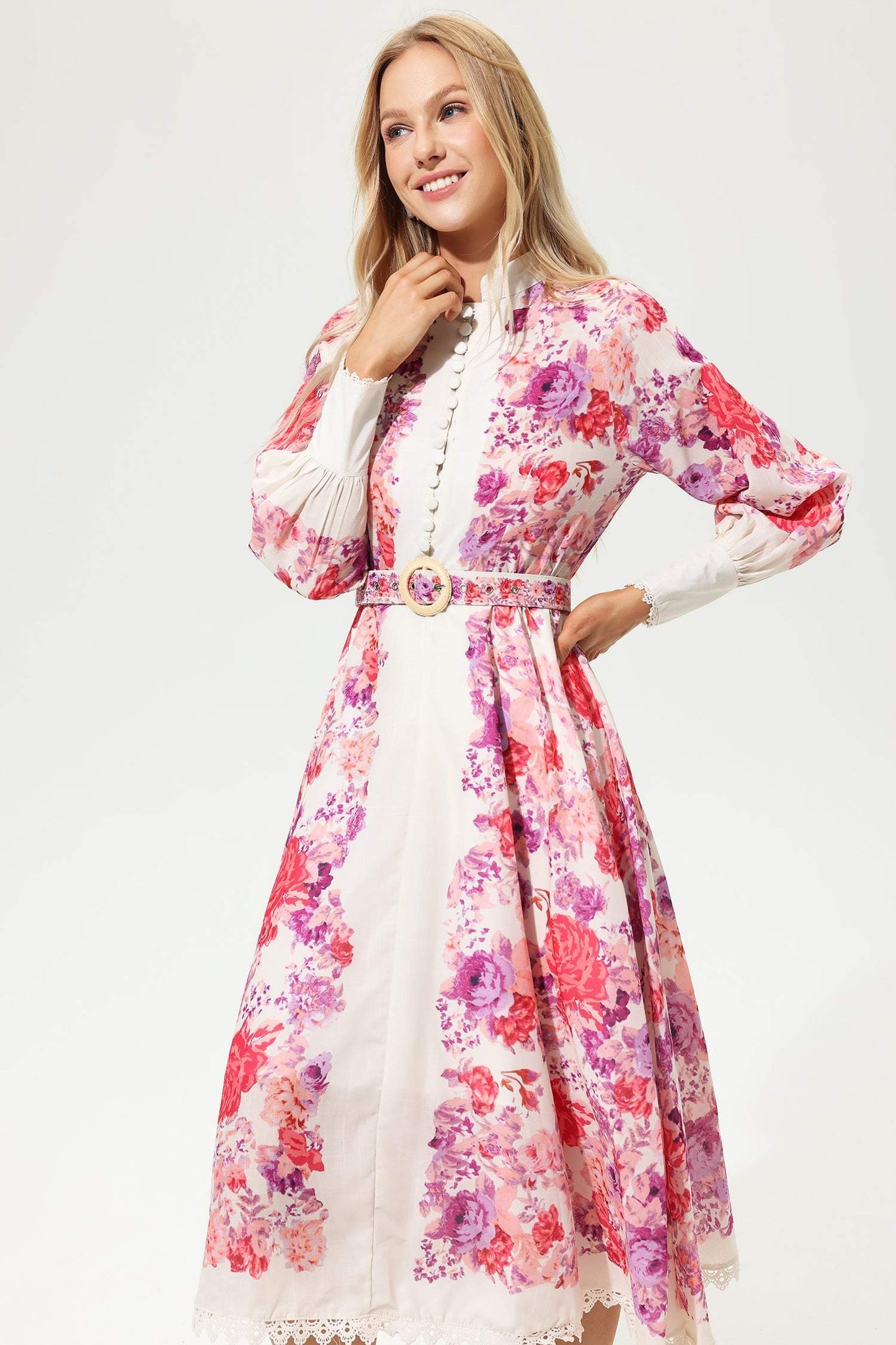 Floral Long Sleeve Buttoned Belted Midi Dress Red