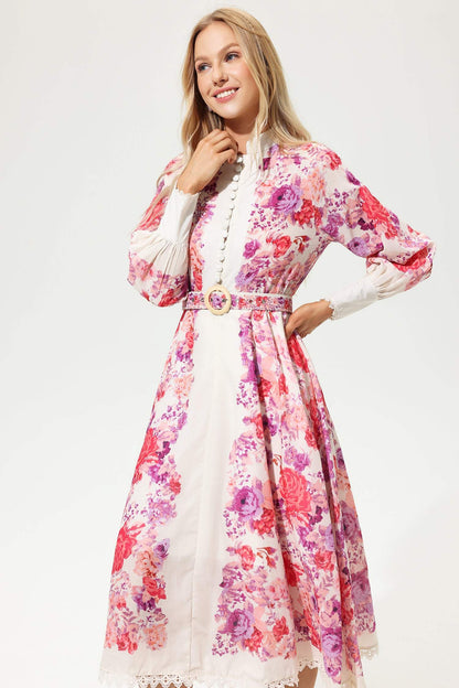 Floral Long Sleeve Buttoned Belted Midi Dress Red