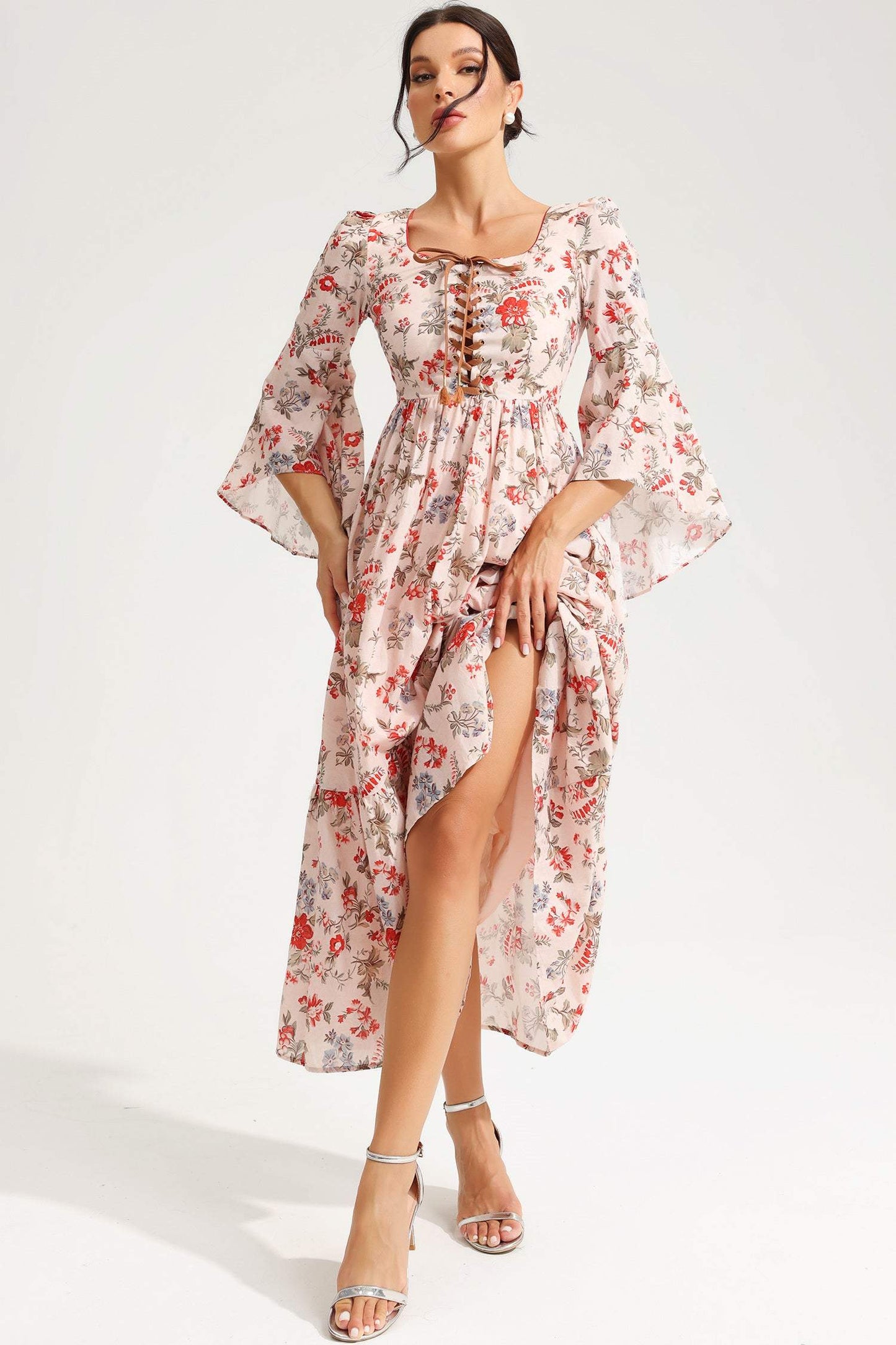 Floral Square Collar Flared Sleeve Lace Midi Dress