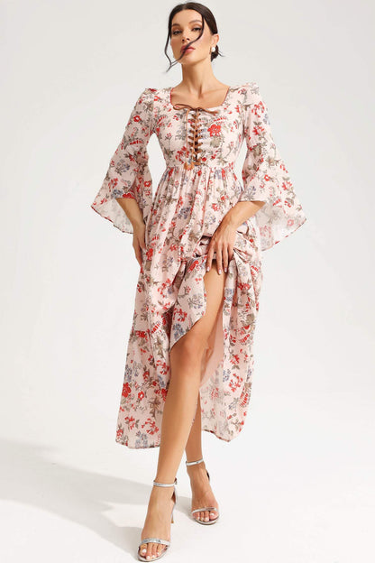 Floral Square Collar Flared Sleeve Lace Midi Dress