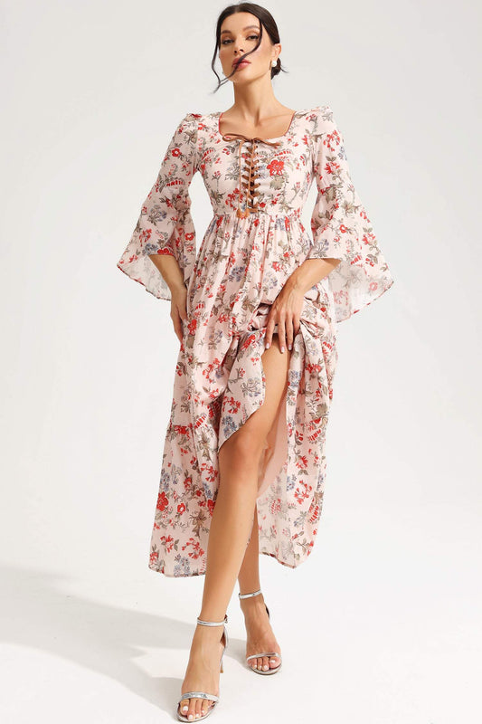 Floral Square Collar Flared Sleeve Lace Midi Dress