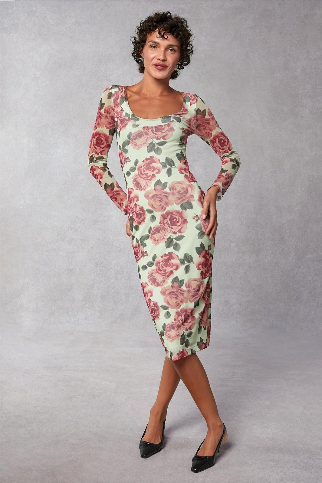 Floral Round Neck Long Sleeve Midi Dress