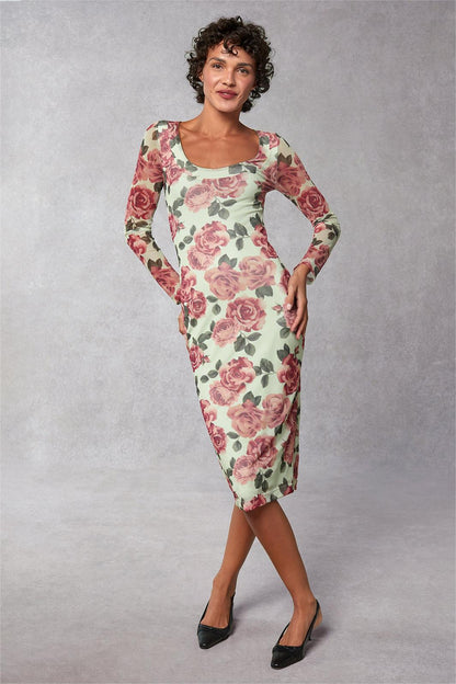Floral Round Neck Long Sleeve Midi Dress