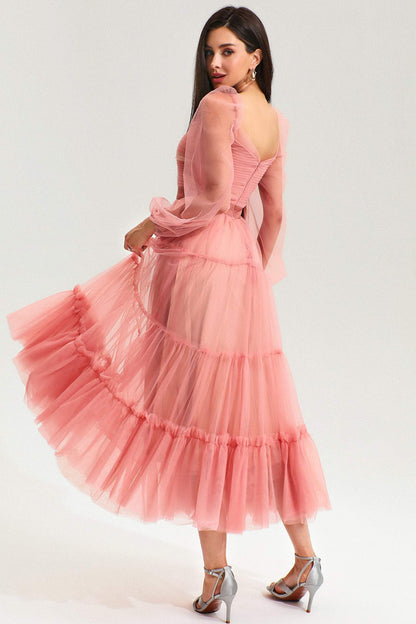 Square Collar Ruched Midi Dress