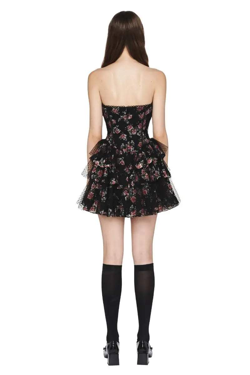 Floral Lace Polka Dot Mesh Corset Mini Dress