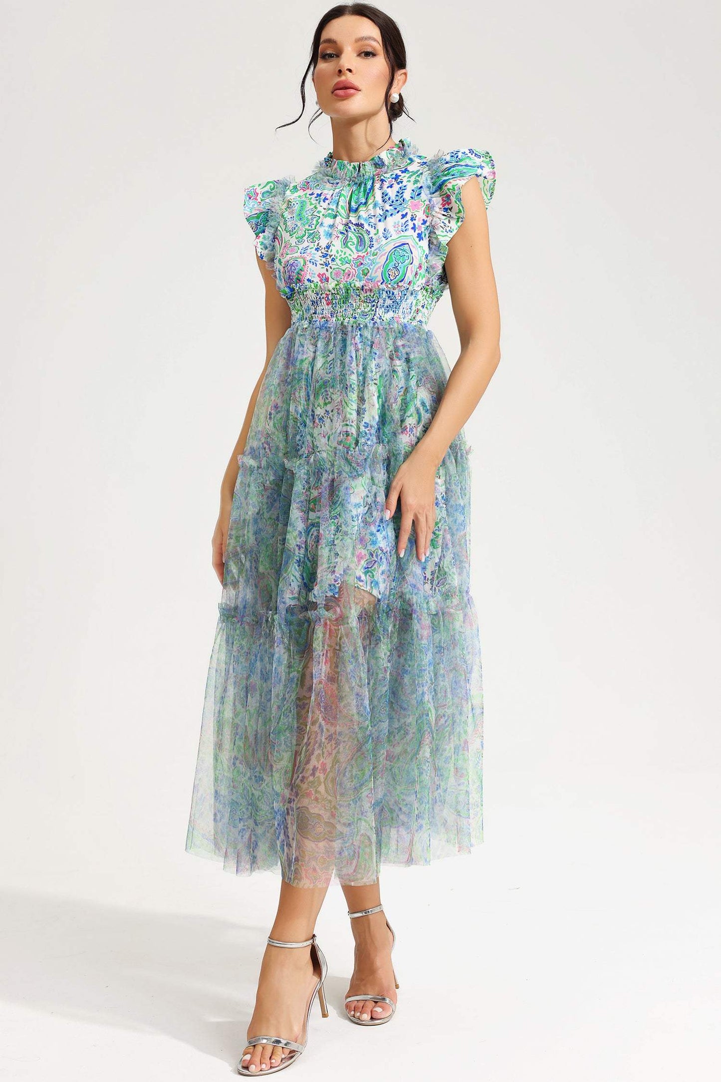 Abstract Print Flutter Sleeve Crew Collar Midi Dress