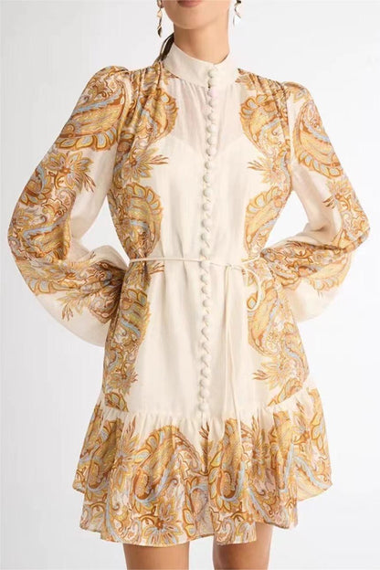 Paisley Single Breasted Lantern Sleeve Mini Dress