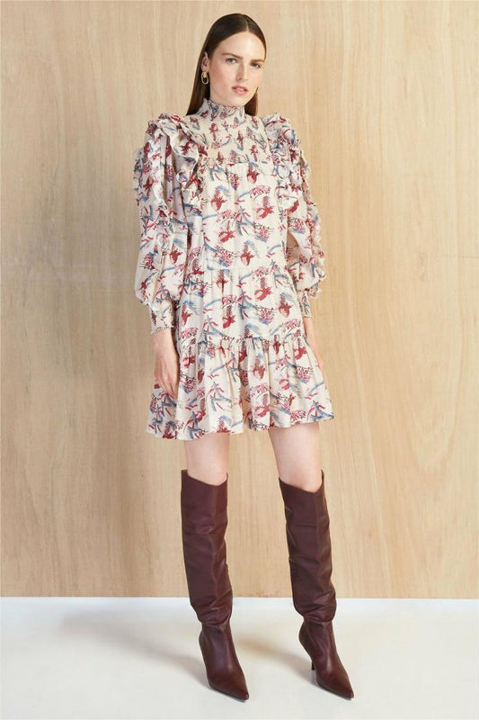 Floral Stand Collar Lantern Sleeve Mini Dress