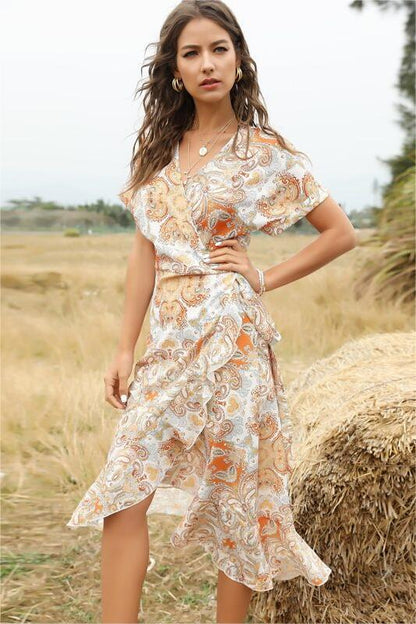 Printed V-Neck Ruffle Hem Lace Up Midi Dress