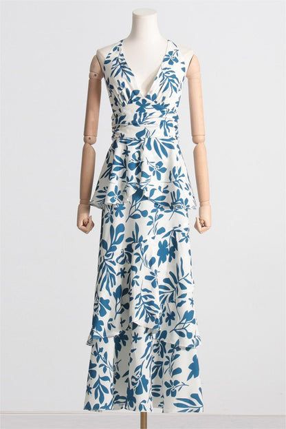 V-Neck Cami Printed Ruffle Hem Maxi Dress