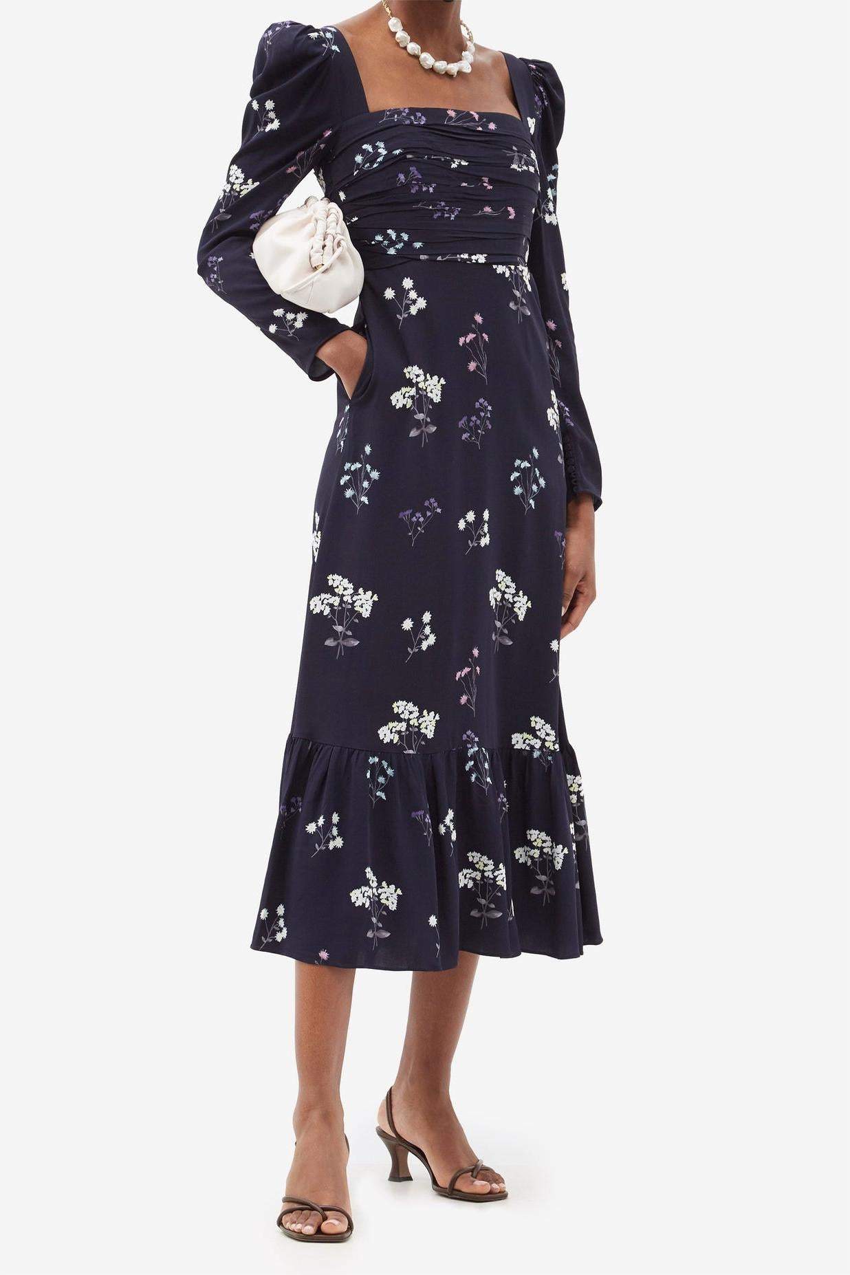 Floral Long Sleeve Square Collar Midi Dress