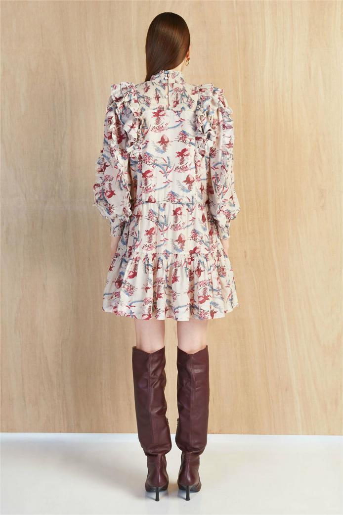 Floral Stand Collar Lantern Sleeve Mini Dress