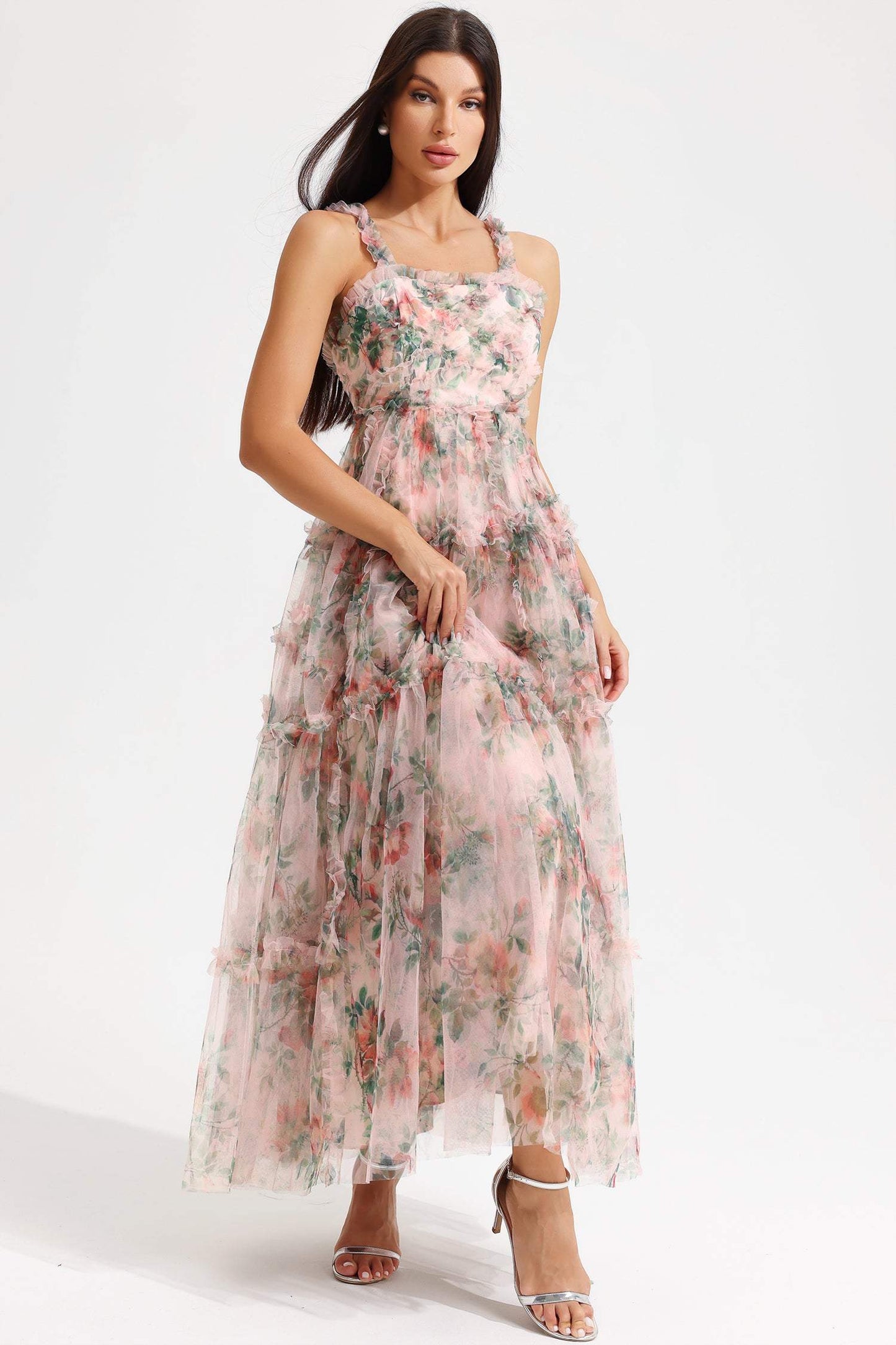 Floral Cami Tapered Waist Frill Hem Midi Dress