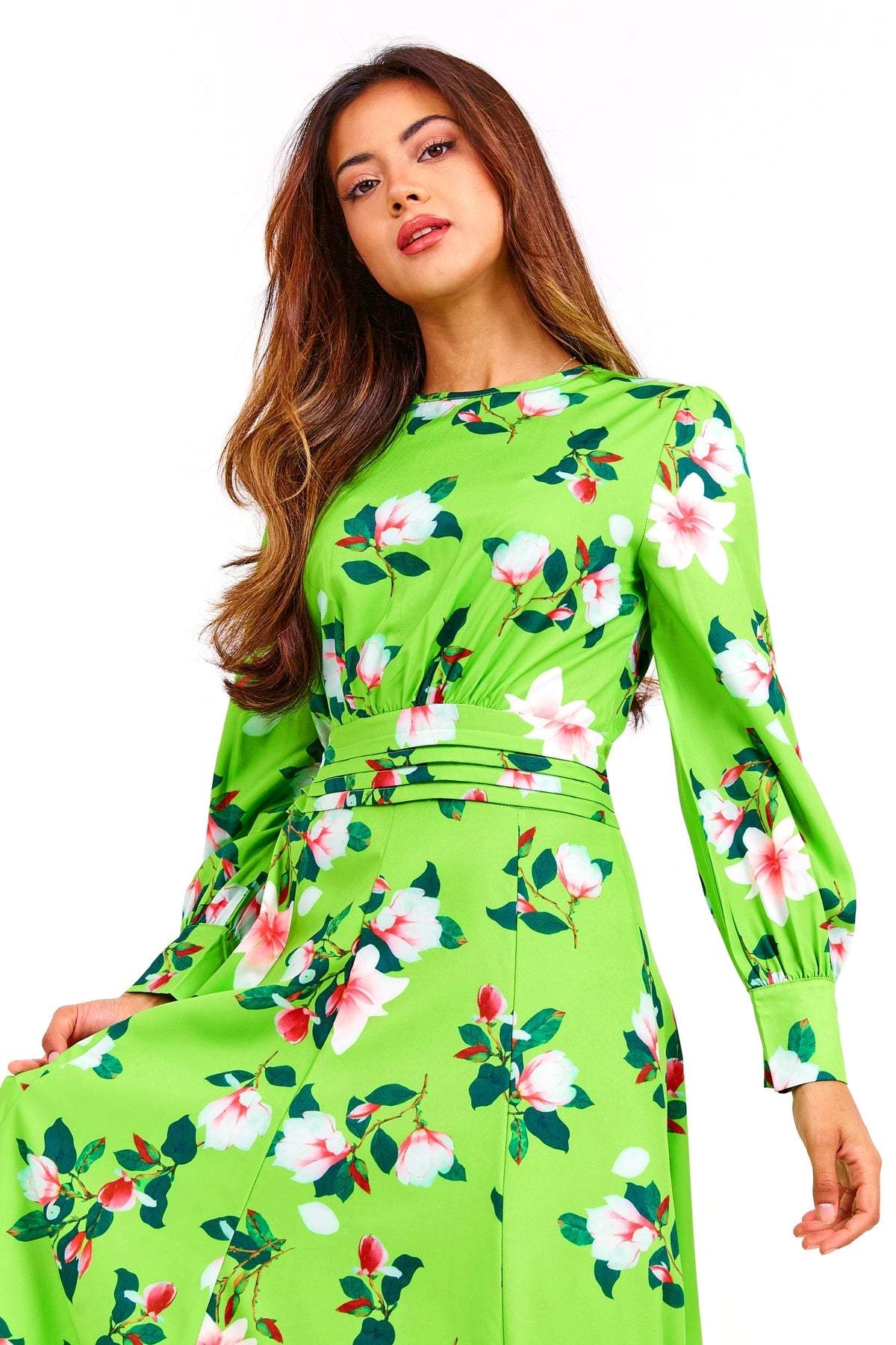 Floral Long Sleeve Round Neck Midi Dress