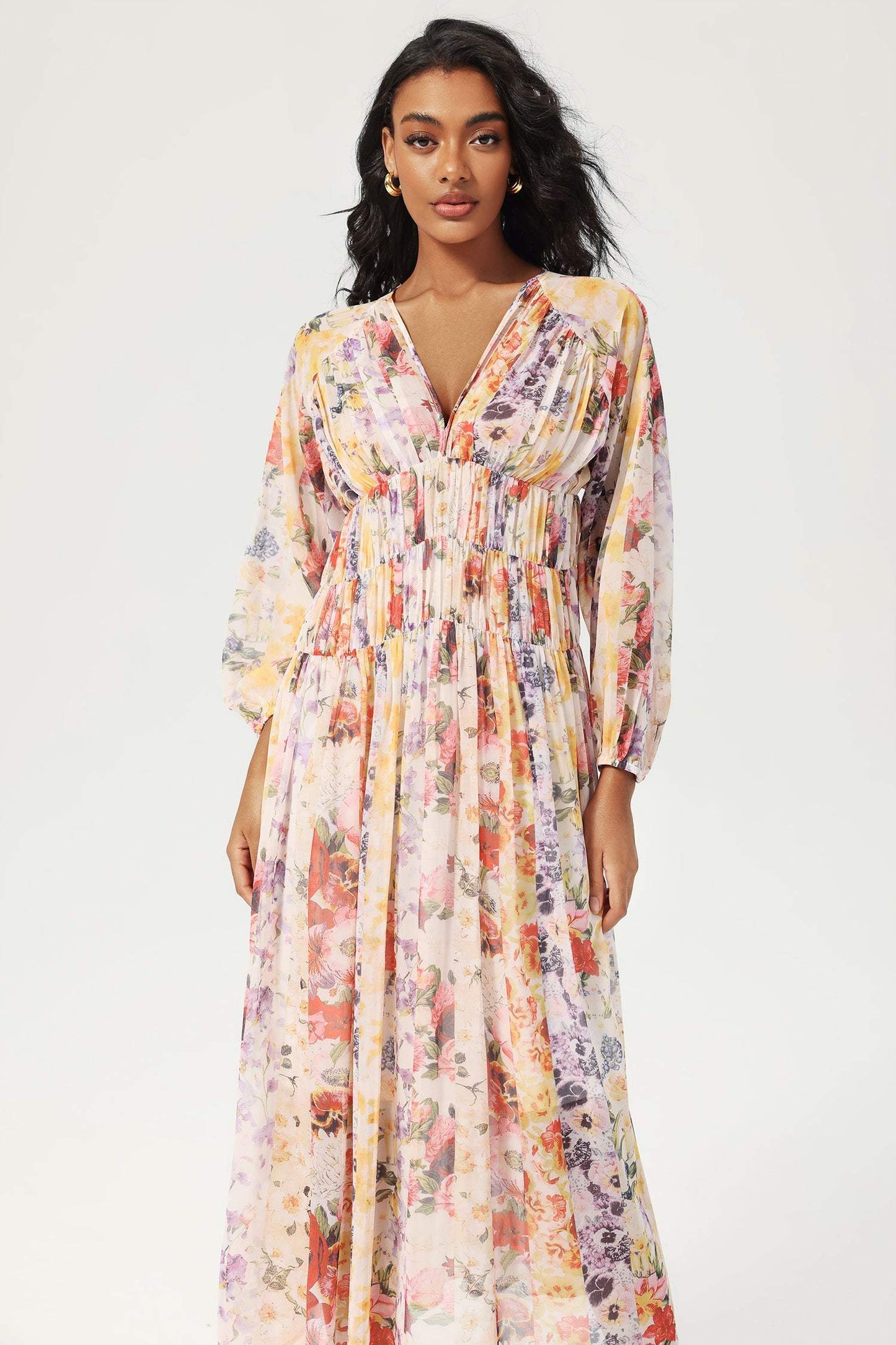 Floral V-Neck Lantern Sleeve Midi Dress