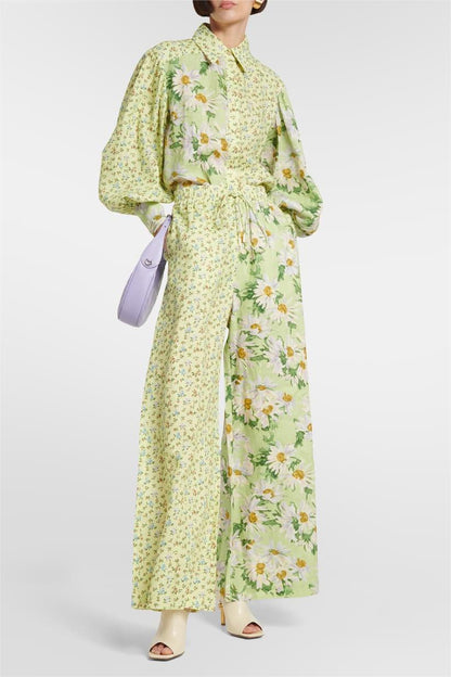 Floral Lantern Sleeve Shirt & Long Loose Pants Set