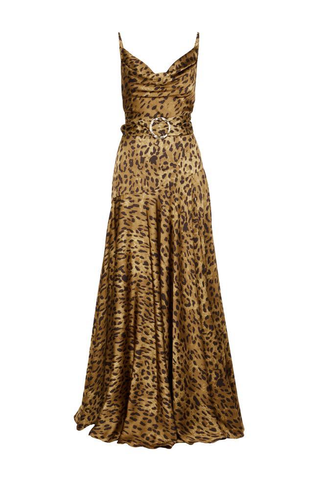 Leopard Print Swing Collar Split Maxi Dress